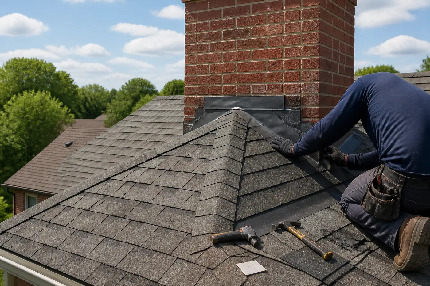 Chimney cricket installation in Dallas–Fort Worth, TX by the Lowes Chimney Sweep crew