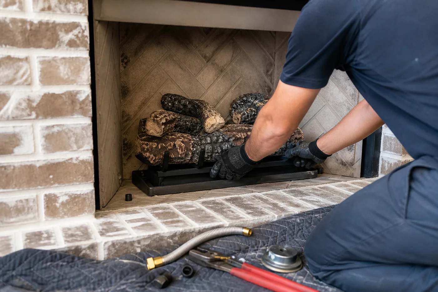 Lowes Chimney Sweep technician servicing a gas fireplace log set and burner in Dallas Fort Worth