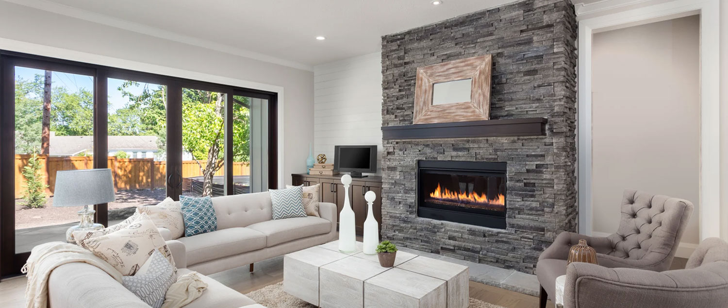Living room fireplace prepared for winter in a North Texas home