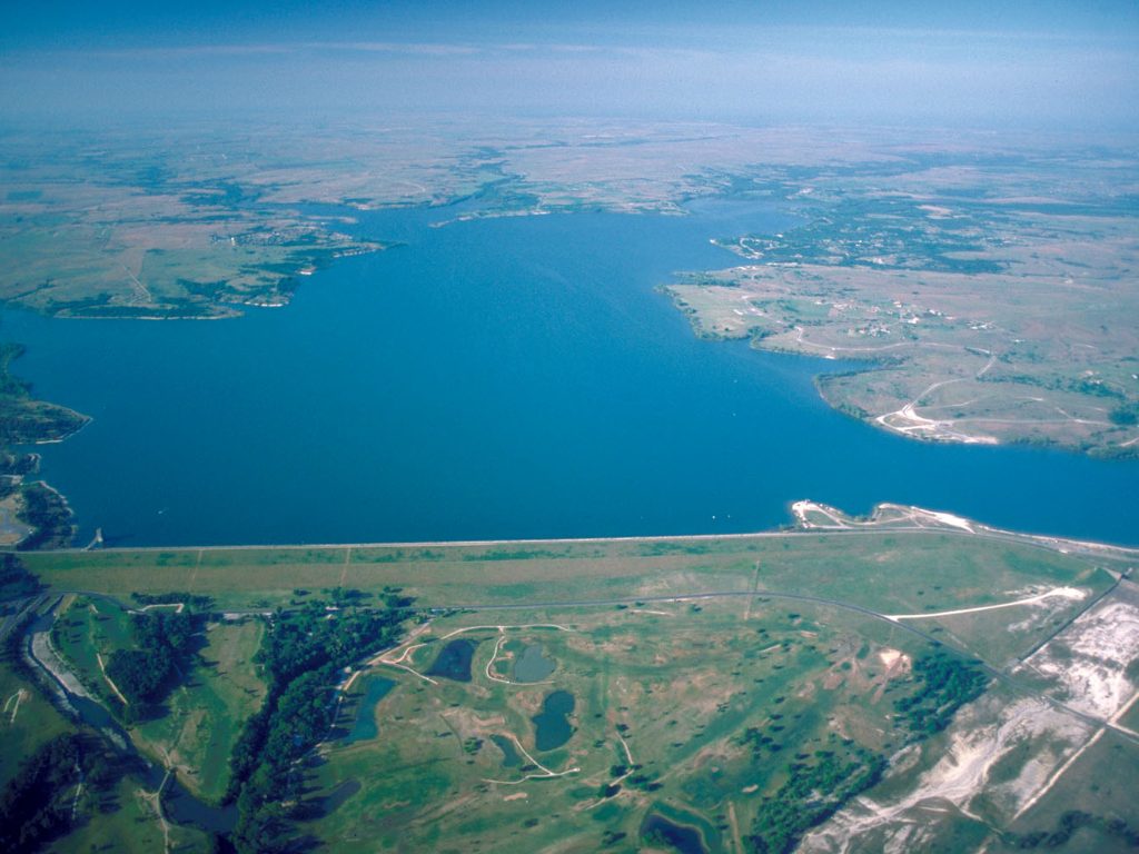 Benbrook Lake and its dam on the southwest edge of Fort Worth, Texas
