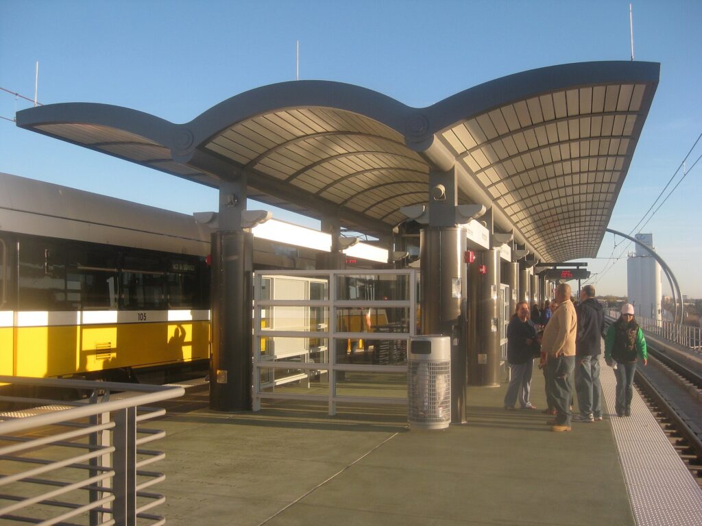 Historic downtown square and A-train station in Carrollton, Texas