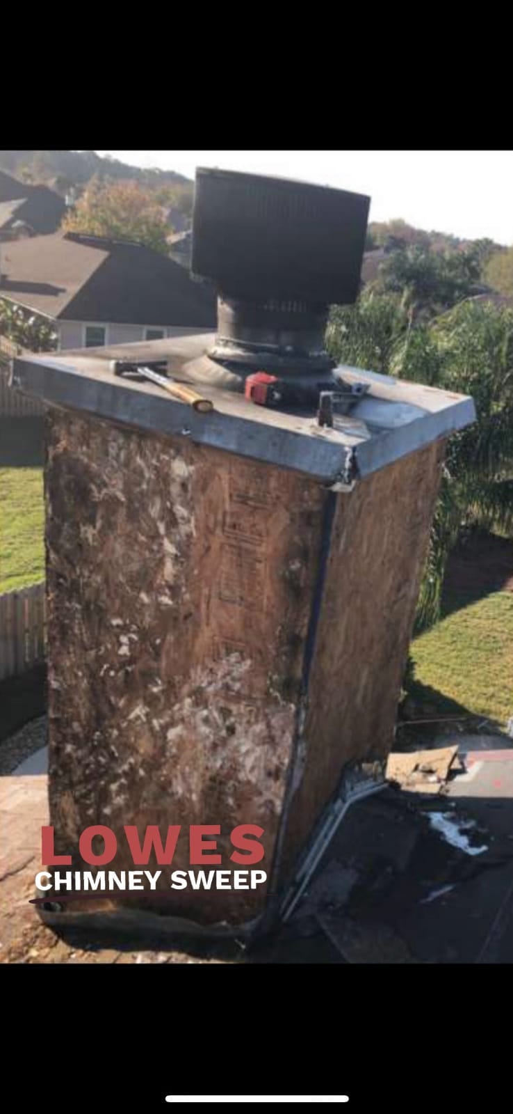Chimney chase with old siding stripped back for inspection, Dallas Fort Worth