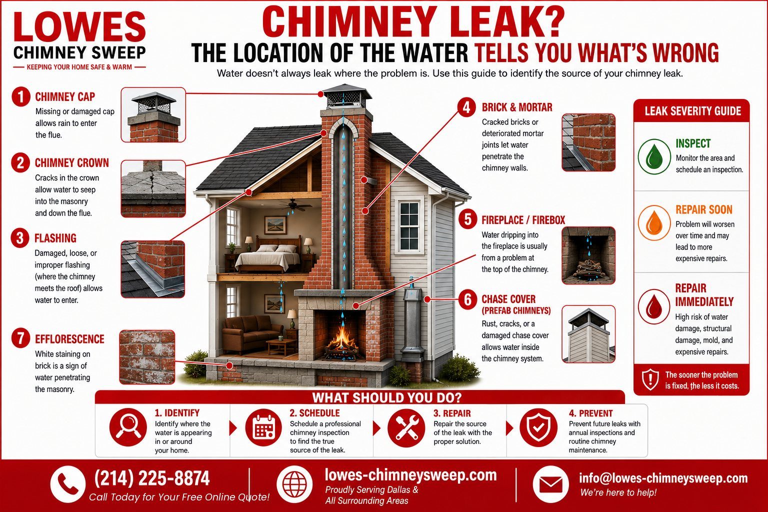 Chimney leak diagnosis infographic showing seven common leak sources: chimney cap, crown, flashing, brick and mortar, fireplace, chase cover, and efflorescence