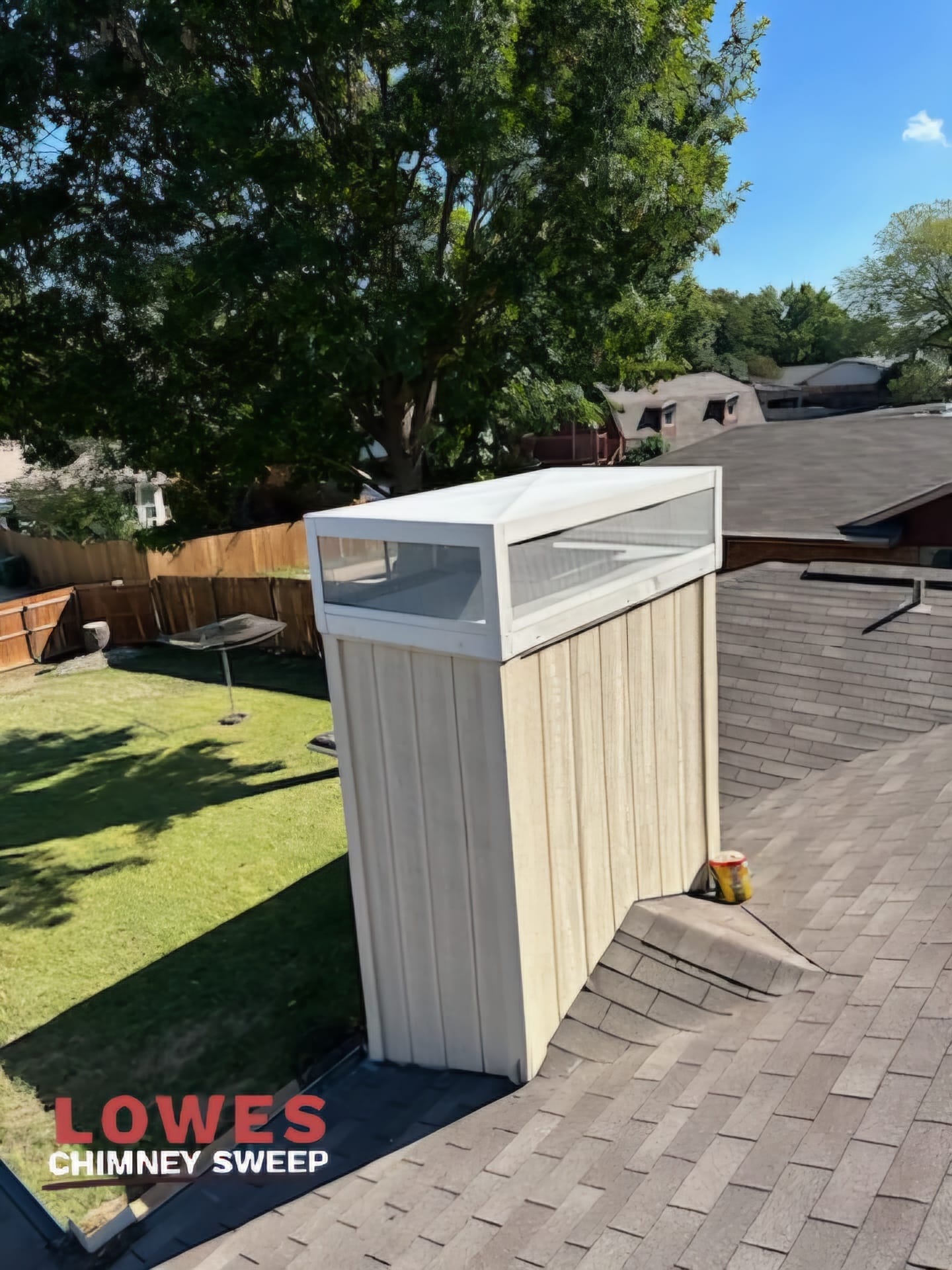 Custom white T-top chimney cap fabricated and installed on a chase chimney