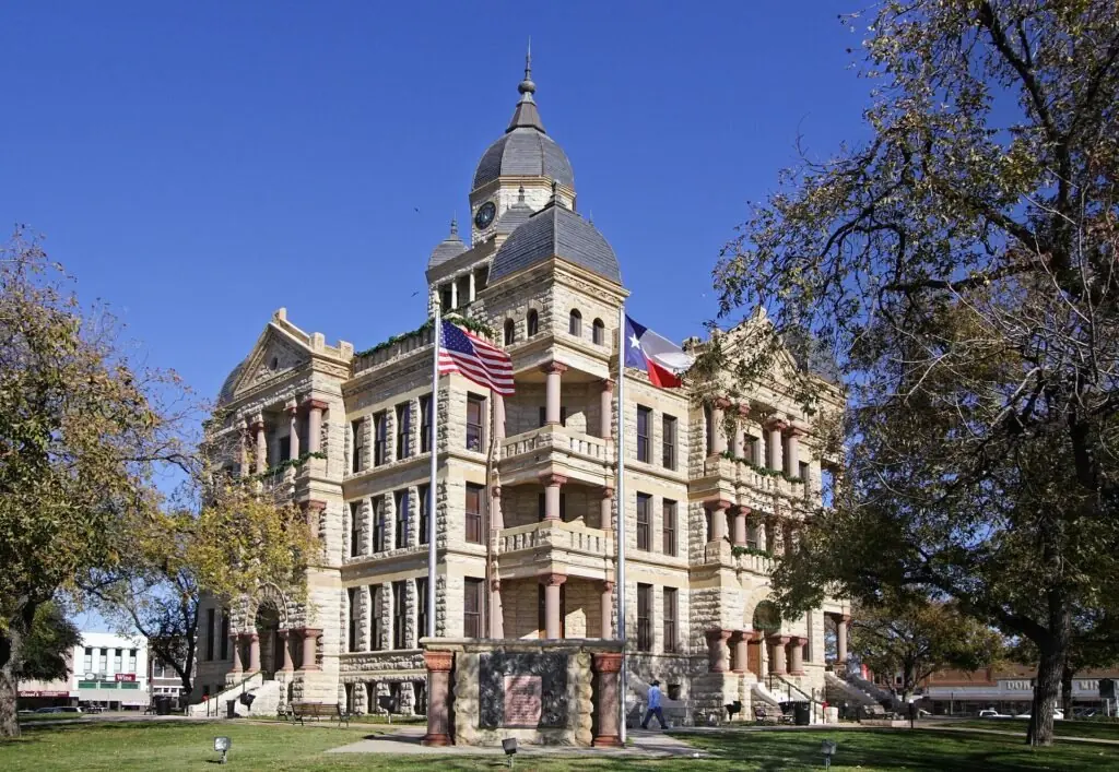 The 1896 Denton County Courthouse on the square in Denton, Texas