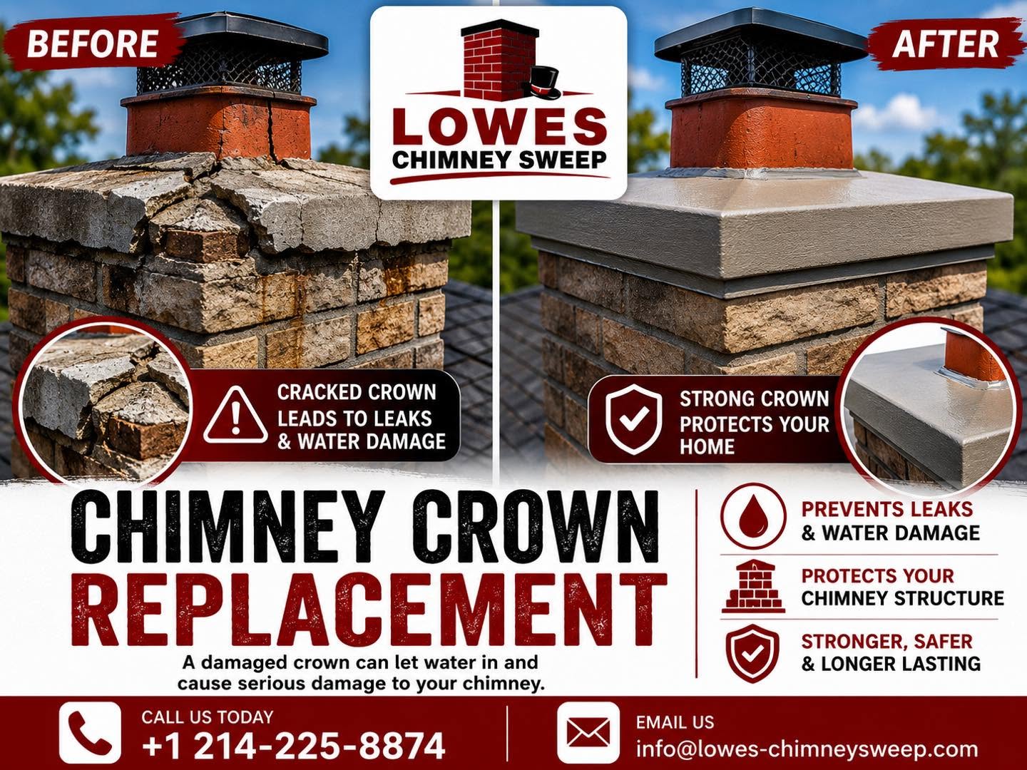 Chimney crown replacement, before and after
