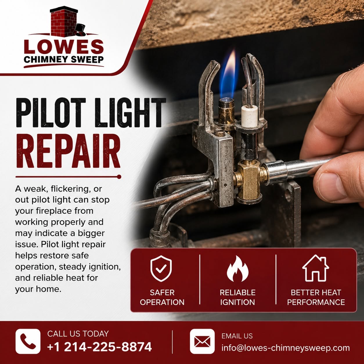 Gas fireplace pilot light and ignition repair by Lowes Chimney Sweep in Dallas Fort Worth