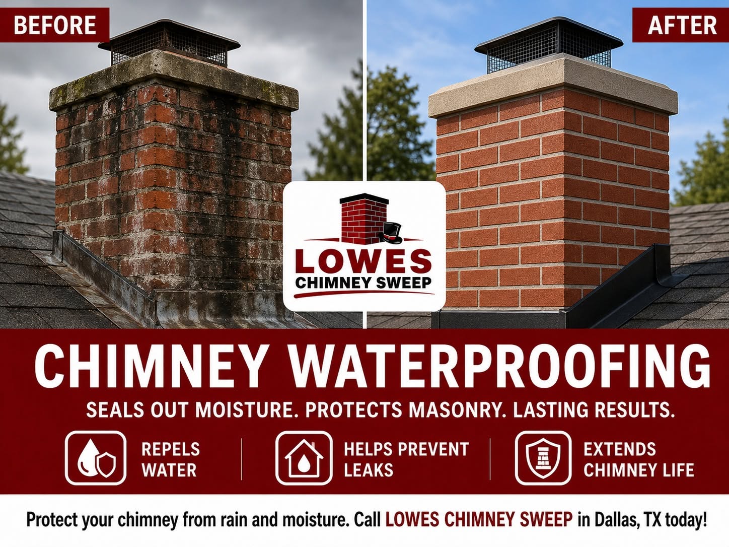 Chimney waterproofing, before and after