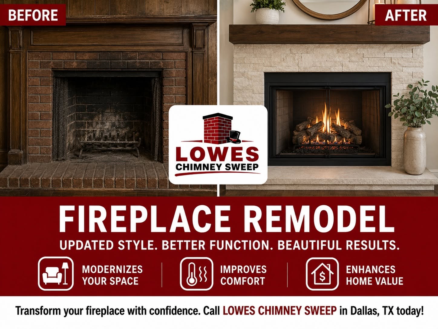 Fireplace remodel, before and after