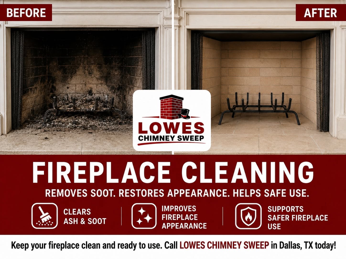Fireplace cleaning, before and after
