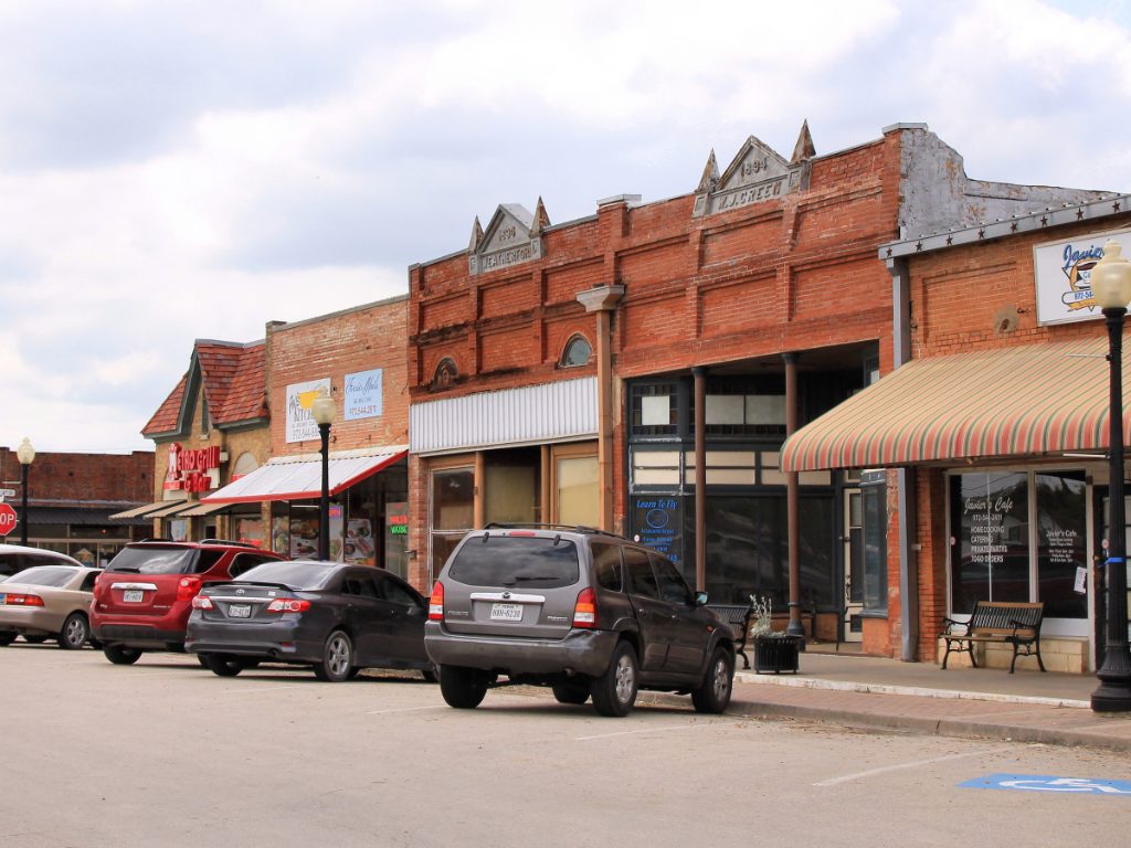 Historic brick buildings on Main Street in Ferris, Texas