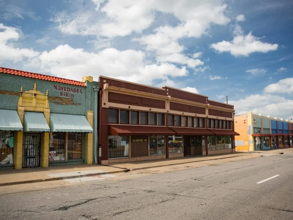 Historic commercial buildings on the Lancaster town square in Lancaster, Texas