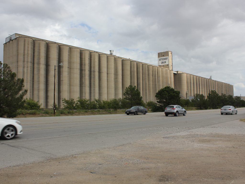 The Attebury Grain elevators along the rail line in Saginaw, Texas